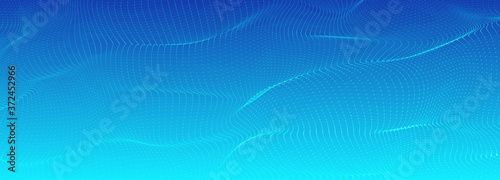 Low poly shape with white dots on blue gradient background. Abstract polygonal blue mesh background . Dynamic particles wave.Big data visualization 3D. Digital landscape.