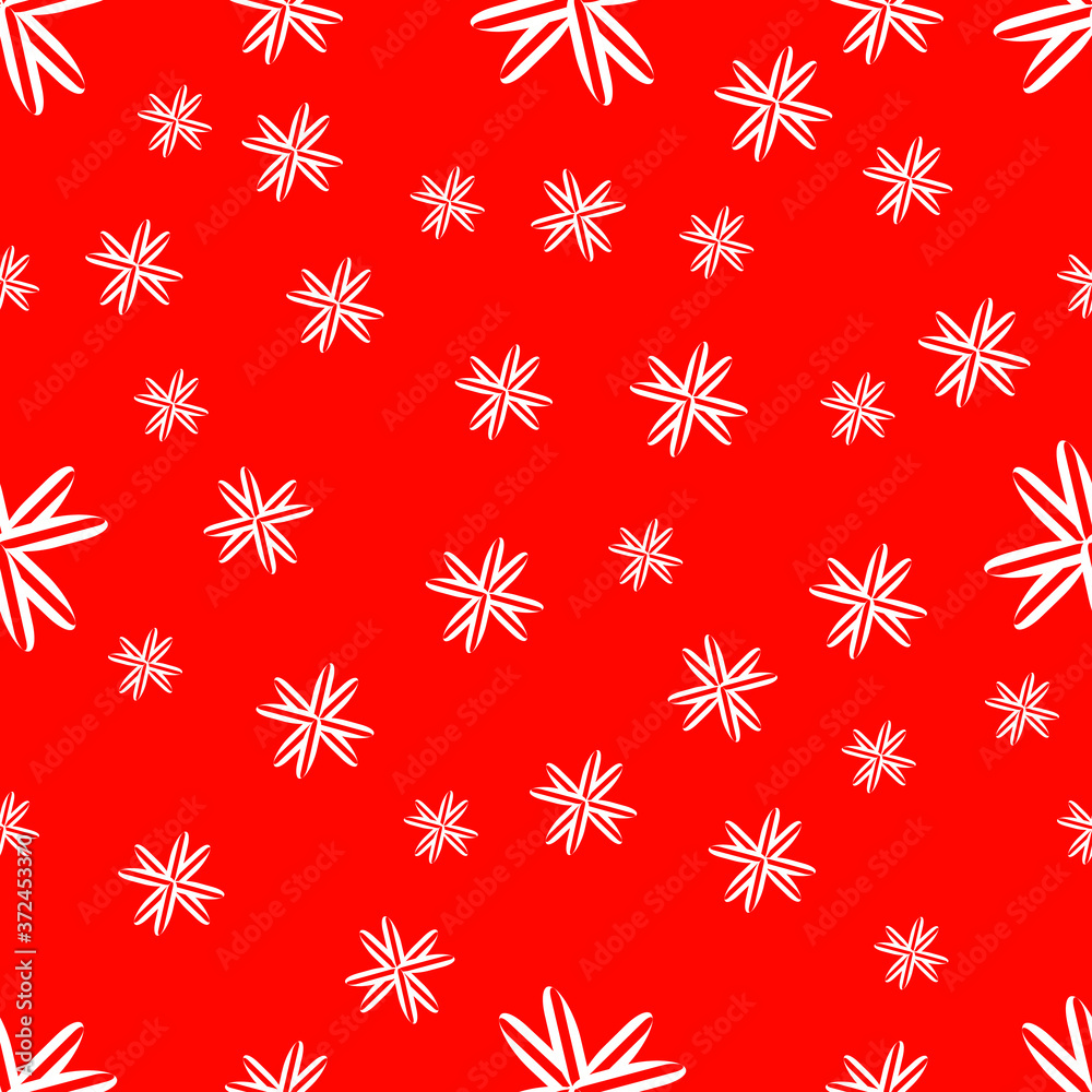 White snowflakes on a red background. Seamless pattern. Christmas theme and time. New year's texture. For Wallpaper, postcards, textiles, and design. White snowflakes on a red background. Seamless pattern. Christmas theme and time. New year's texture. For Wallpaper, postcards, textiles, and design.