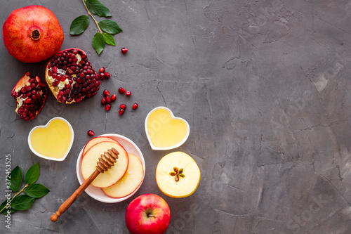 Apple feast day. Rosh Hashana jewish holiday concept - top view photo