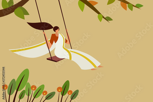 A young girl wearing traditional dress sari swinging in outdoor. Concept for Onam festival