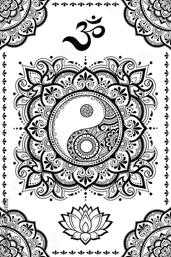 Set of Eastern ethnic religious symbols. Mandala with OM mantra, Yin Yang, Lotus flower. Decorative pattern for henna, mehndi, tattoos, room decoration. Outline doodle vector illustration.