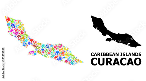 Vector Collage Map of Curacao Island of Colored Weed Leaves and Solid Map