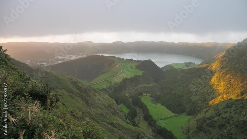 Panorama of Sete Ciadades Lakes At Sunset, Sao Miguel, Azores photo