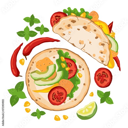 Vector illustration of Mexican traditional taco dish. Ingredients for making tacos isolated on white background.