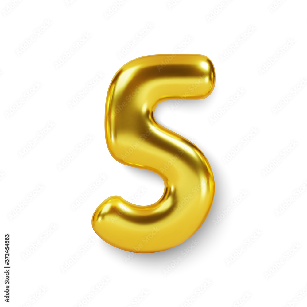 Golden Number Balloon 5 Five. Vector realistic 3d character