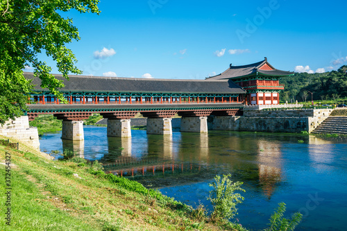Woljeong Korean traditional bridge on river in Gyeongju, Korea photo