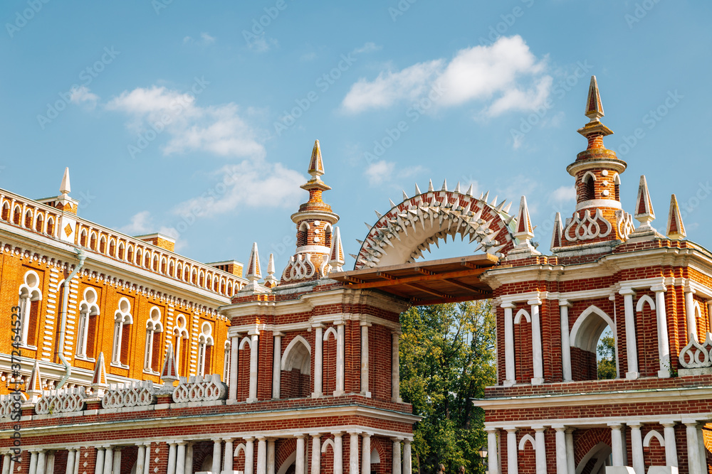 Tsaritsyno Park. Grand palace of queen Catherine in Moscow, Russia