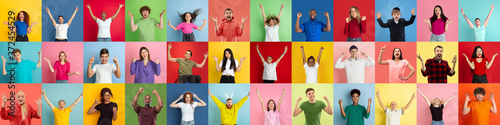 Collage of portraits of 31 young emotional people on multicolored background. Concept of human emotions, facial expression, sales. Look winning, celebrating, cheering, crazy happy and shocked.