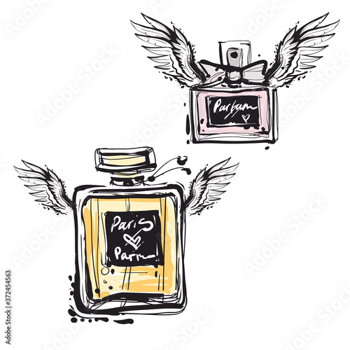 Vector fashion sketch. Hand drawn graphic flying perfume and cologne with angel wings. Contrasty glamour fashion in vogue style. Isolated elements on white background