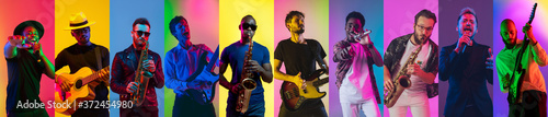 Collage of portraits of 8 young emotional talented musicians on multicolored background in neon light. Concept of human emotions, facial expression, sales. Inspied male jazzmen, guitarist, singer.