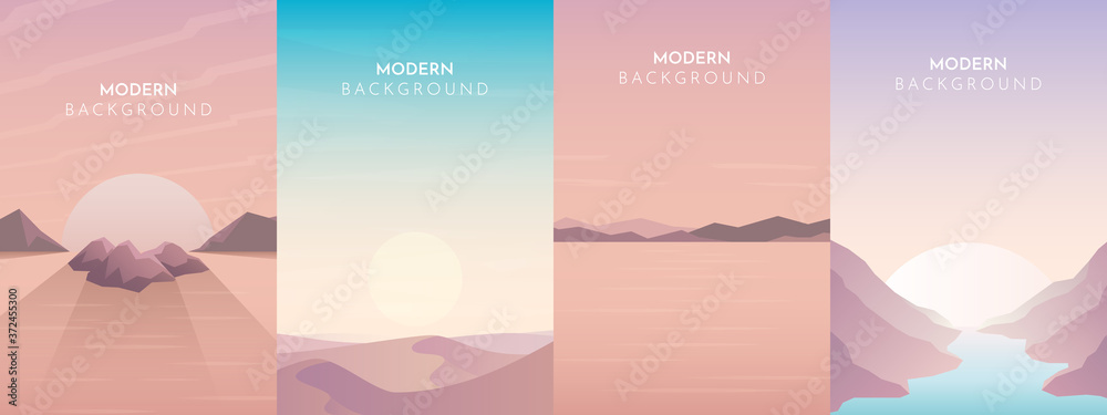 Abstract landscapes set, Vector banners set with polygonal illustration, Minimalist style, Flat design. Sunset, sunrise in the desert. Mountain landscape.
