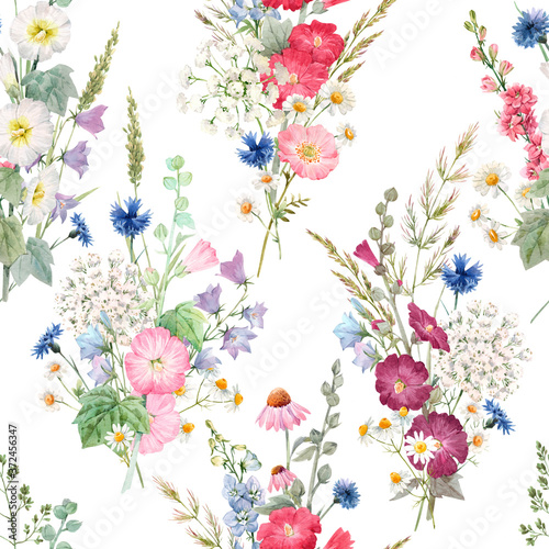 Beautiful seamless floral pattern with watercolor summer flowers. Stock illustration. © zenina