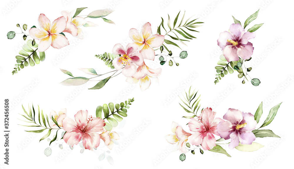 tropical watercolor herbal branch with leaves and flowers