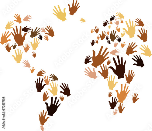Illustration of different colored hands forming shape of the world. Vector image with transparent background.