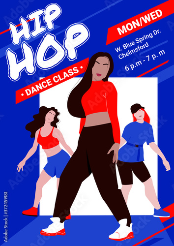 Girls-dancers rehearsing hip-hop dance or street dance style turfing, krump, jazz-funk choreography in dance class. Print-ready poster template. Hobby and leisure. Dance competitions and battles.