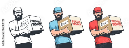 Delivery man holding parcel box. Courier postman with package. Vector retro illustration.