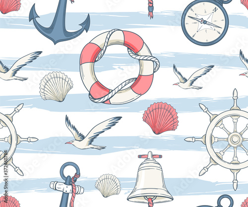 Tapety Podróże  seamless-nautical-pattern-with-seagulls-lifebuoys-anchors-and-seashells