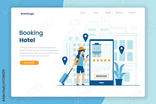 Hotel tickets online booking landing page. Illustration for websites, landing pages, mobile applications, posters and banners