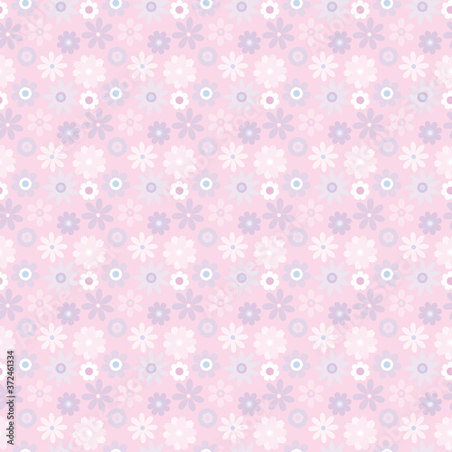 Seamless repeat pattern design with flowers. Pastel floral vector background. Pink and purple geometric flowers, cute tiny flowers.