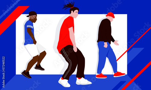 Male dancers rehearsing hip-hop or street dance style turfing, krump, jazz-funk choreography in dance class. Hip hop culture and rap music. Hobby and leisure. Dance competitions and battles.