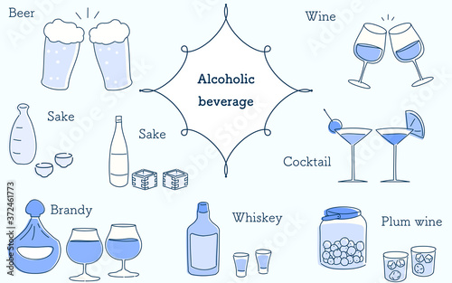 日本酒から洋酒、カクテル、ビールのセットイラスト