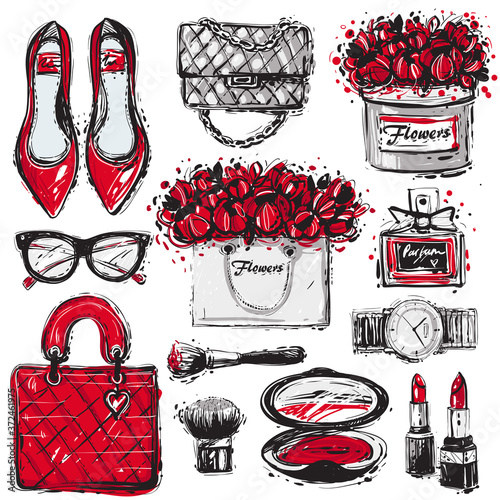 Big vector fashion sketch set in bright contrast red and gray colors. Hand drawn graphic shoes, bag, makeup brush, lipstick, powder, wrist watch, perfume, flower box, eye glasses, flowers.