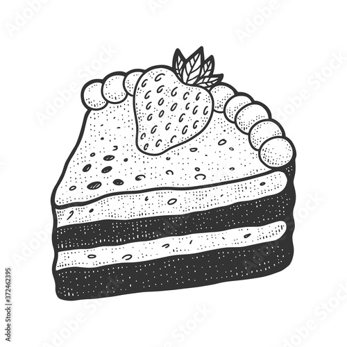 slice of strawberry cake sketch engraving vector illustration. T-shirt apparel print design. Scratch board imitation. Black and white hand drawn image.