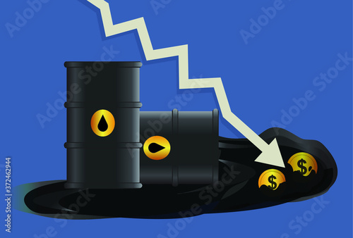 dollar, crude oil price down concept, oil leaked from barrel with down arrow.  dollar coins in crude oil, dollar value down fall concept, blue background illustration