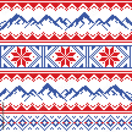 Mountains and snowboard vector seamless pattern, Fair Isle style traditional knitwear - hike, ski and snowboard concept
