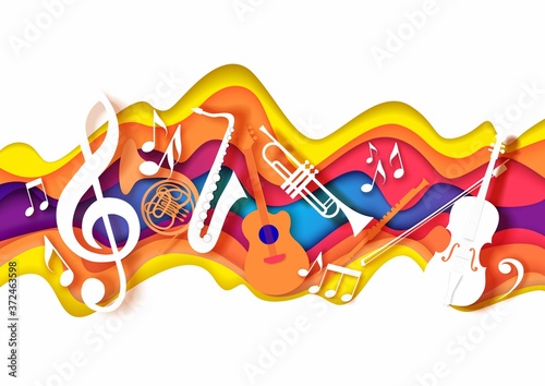Canvas Print Vector layered paper cut craft style music composition of saxophone guitar trumpet violin music instruments, notes on abstract color background