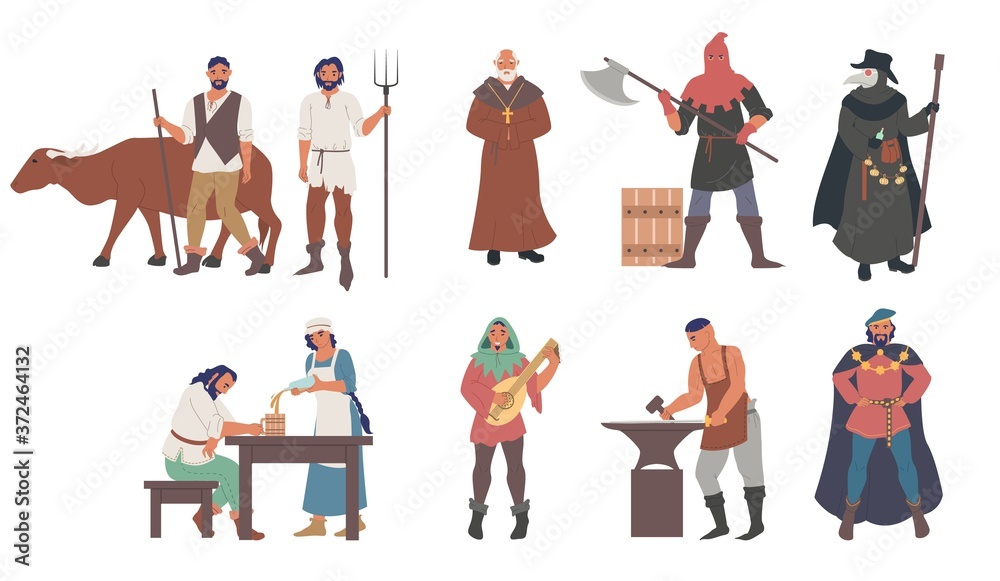 Naklejka premium Medieval people male and female cartoon character set flat vector isolated illustration. Priest, peasants, executioner, plague doctor, blacksmith, musician, minstrel, royal courtier. Medieval clothing