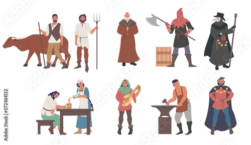 Medieval people male and female cartoon character set flat vector isolated illustration. Priest, peasants, executioner, plague doctor, blacksmith, musician, minstrel, royal courtier. Medieval clothing