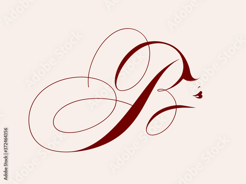 Letter B and woman portrait.Beauty salon, cosmetics and spa logo.Typographic icon isolated on light background.Decorative lettering sign with uppercase alphabet initial.Red color.Calligraphic lines.