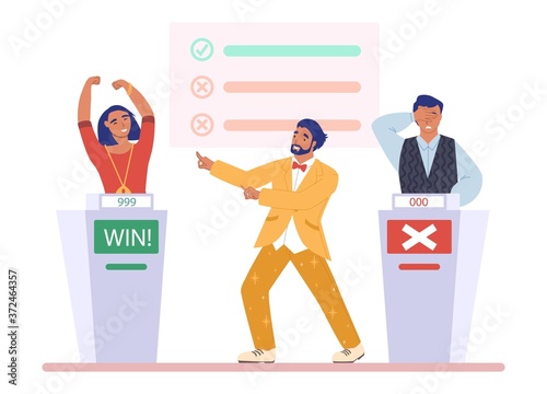 TV quiz show with host and two participants, clever boy and girl answering questions, flat vector illustration. Contestants playing quiz game show on television. Happy girl winning competition. photo