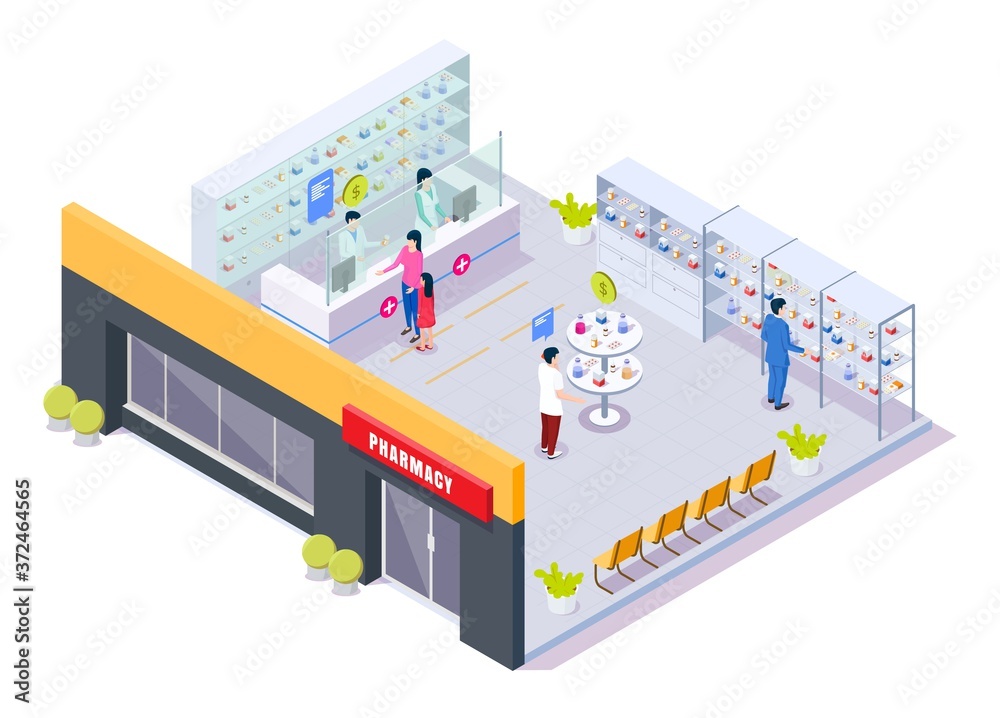 Pharmacy store with characters, isometric cutaway isolated vector illustration. Drugstore building interior with pharmaceutical shelves, pharmacists selling, patients buying prescription drugs, pills.