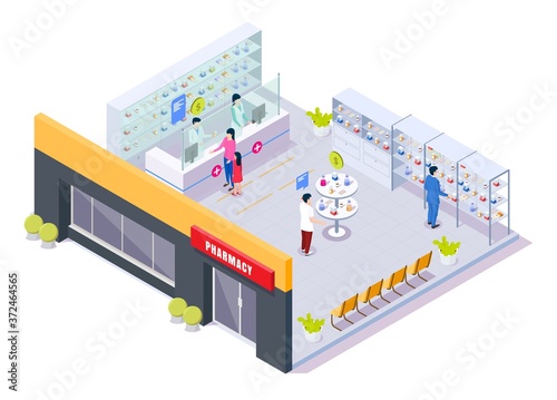Pharmacy store with characters, isometric cutaway isolated vector illustration. Drugstore building interior with pharmaceutical shelves, pharmacists selling, patients buying prescription drugs, pills.
