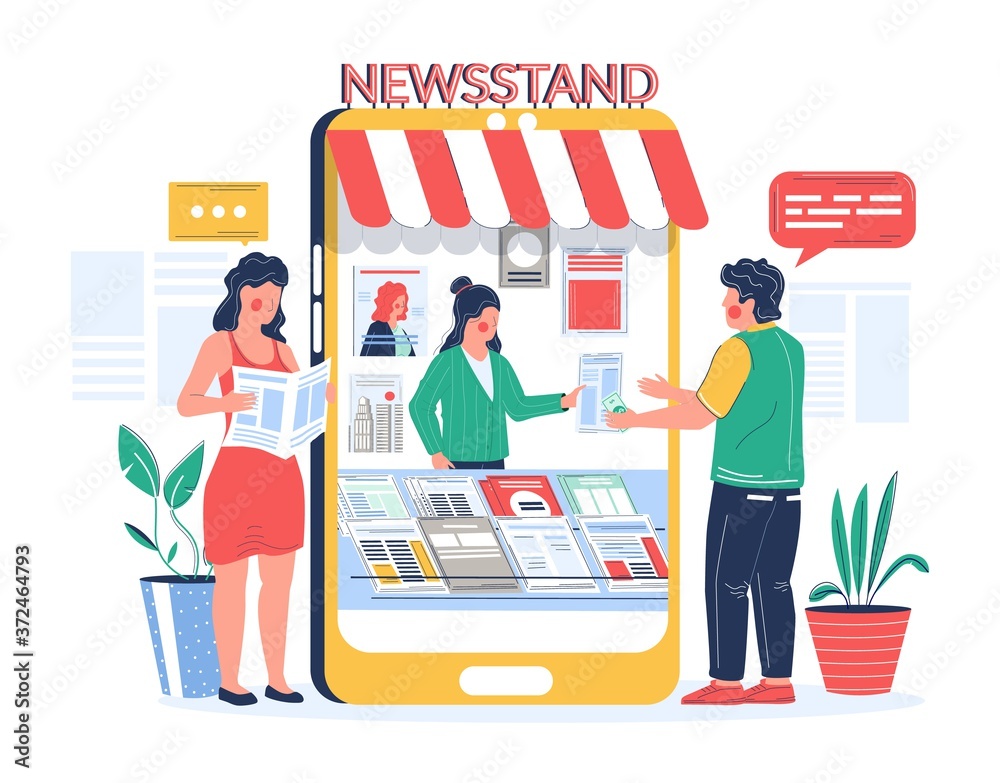 Man buying and woman reading newspaper magazine online in mobile phone newsstand, vector flat illustration. Digital newsstand concept with male and female cartoon characters news readers. Man buying and woman reading newspaper magazine online in mobile phone newsstand, vector flat illustration. Digital newsstand concept with male and female cartoon characters news readers.