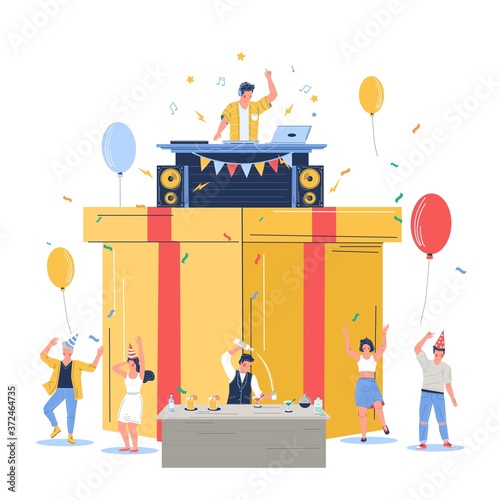 Group of people celebrating happy birthday, vector flat illustration. Big gift box, tiny characters dancing having fun. Barman making alcohol cocktail, dj playing music. Birthday dj dance disco party.