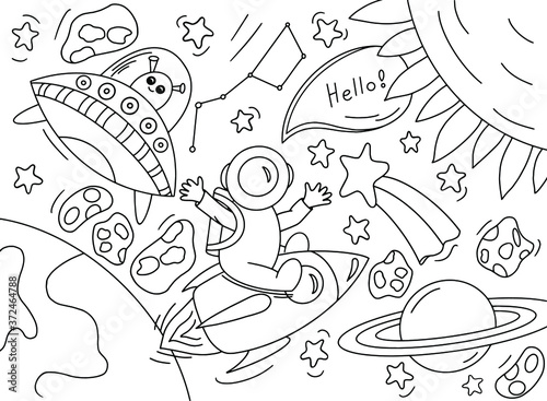 Space doodle vector illustration. Hand drawn space elements. Space, astronaut, rocket, planets, sun, stars, flying saucer. Illustration for children.