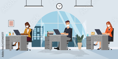 Business office people maintain social distancing office room. Stop covid19 coronavirus. New normal lifestyle in job.
