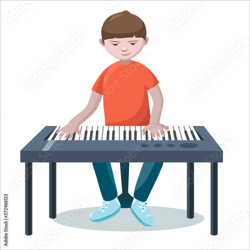Musician plays the synthesizer isolated on white background.