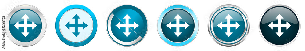 Arrow silver metallic chrome border icons in 6 options, set of web blue round buttons isolated on white background Arrow silver metallic chrome border icons in 6 options, set of web blue round buttons isolated on white background