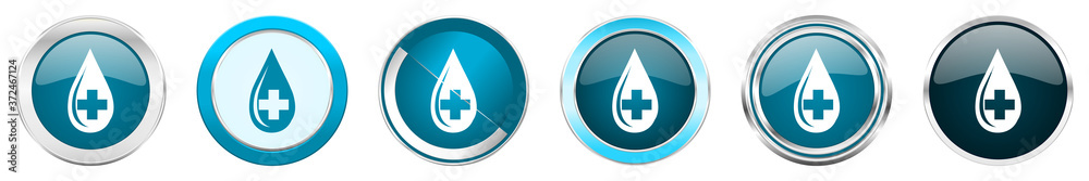 Blood silver metallic chrome border icons in 6 options, set of web blue round buttons isolated on white background Blood silver metallic chrome border icons in 6 options, set of web blue round buttons isolated on white background