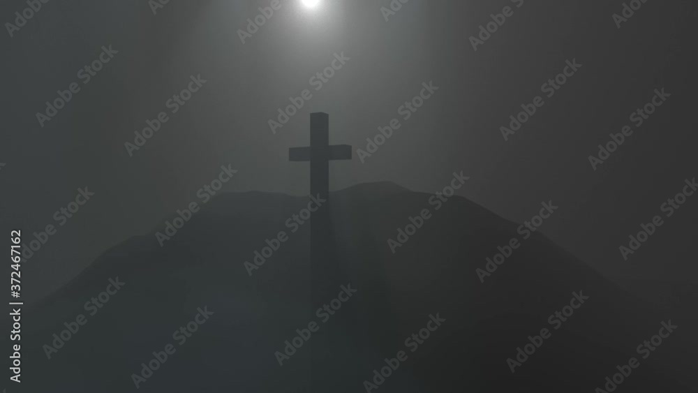Aliens on a flying saucer fly around the Christian cross installed on the hill. Seamless loop.