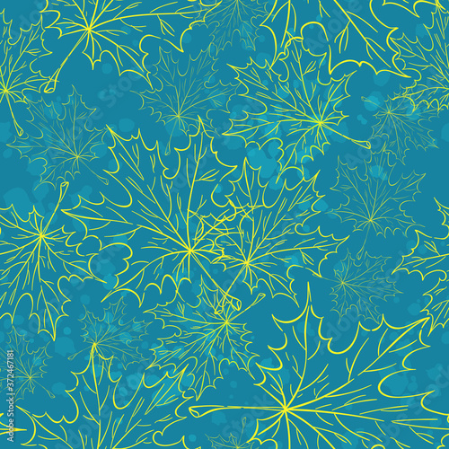 Seamless vector pattern with gold contour maple leaves on a dark azure background. Autumn background.
