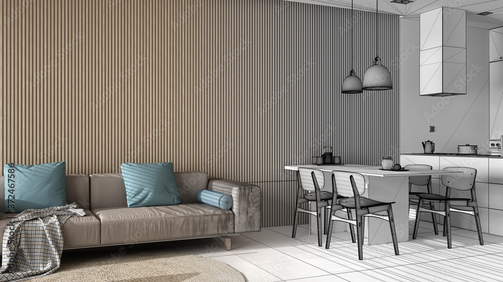 Fototapeta premium Architect interior designer concept: unfinished project that becomes real, modern living room with sofa, dining table with chairs, kitchen with island. Marble floor, design