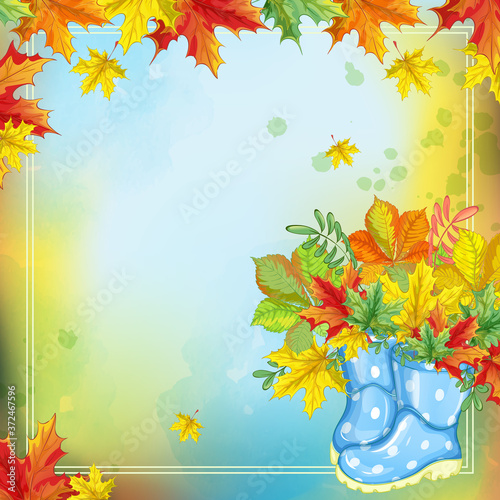 Square template with rubber boots with a bouquet of maple leaves and beautiful fallen leaves on a bright blue background. Autumn background for cards.