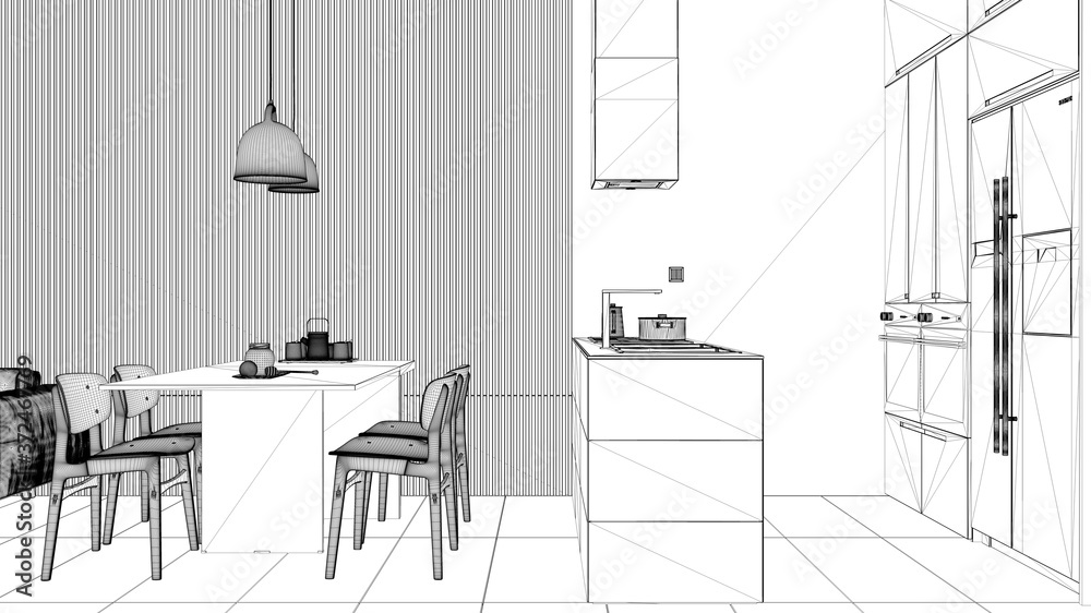 Blueprint project draft of modern living room with wooden wall details, sofa, dining table with chairs, kitchen with island, appliances and pendant lamps. Tiles floor, interior design Blueprint project draft of modern living room with wooden wall details, sofa, dining table with chairs, kitchen with island, appliances and pendant lamps. Tiles floor, interior design