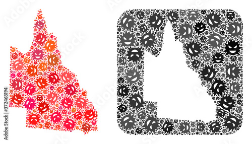 Infection virus map of Australian Queensland collage created with rounded square and hole. Vector map of Australian Queensland collage of pandemic virus items in various sizes and shades.