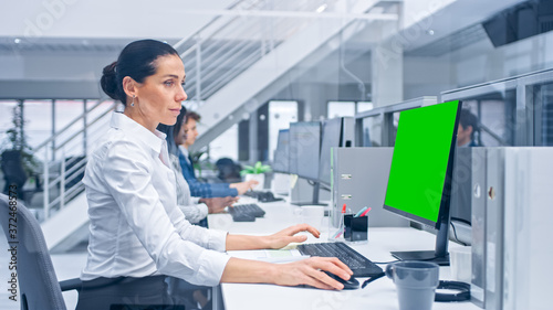 Young Handsome Female Manager Works on a Desktop Computer with Green Screen Mock Up. Diverse and Motivated Business People Work on Computers in Modern Open Office.
